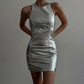 Faux Leather Silver Backless Hip Dress